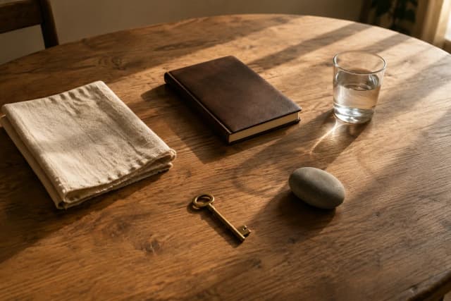 A wide calm landscape, resources gathered in light